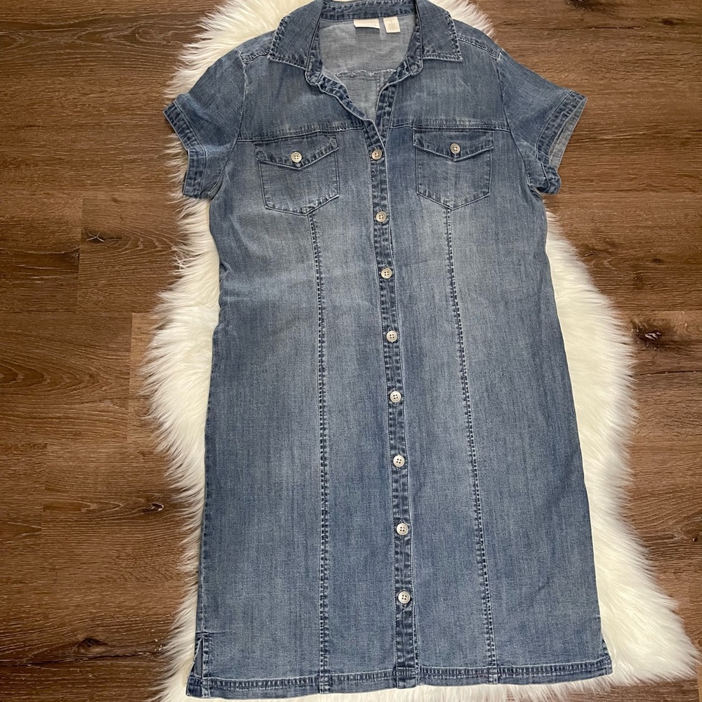 Chico’s Women’s Denim Short Sleeve Dress Short Denim Dress Denim Shirtdress.